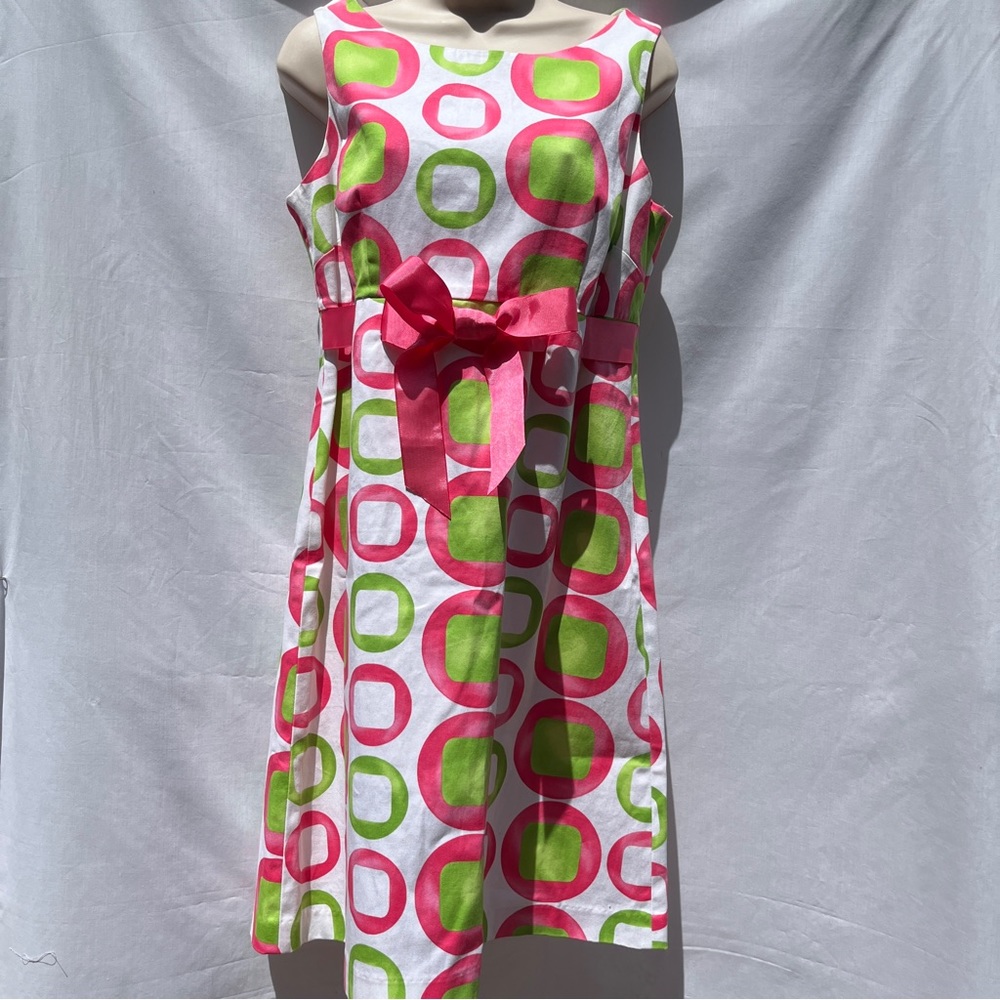 Kim Rogers  Pink & Lime Green Sleeveless Summer Geometric Circles Dress Sz 10